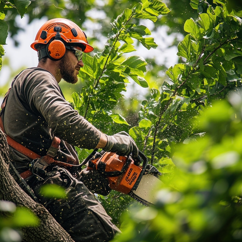 Élagueur professionnel en harnais travaillant en hauteur, coupant des branches avec une tronçonneuse orange et projetant de la sciure.